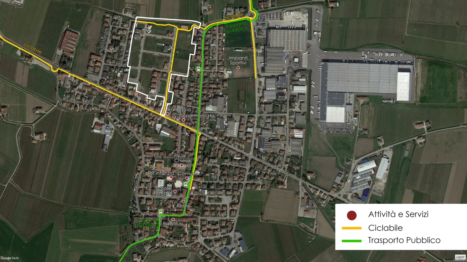 Mappa di Belfiore con i servizi, la ciclabile e il trasporto pubblico