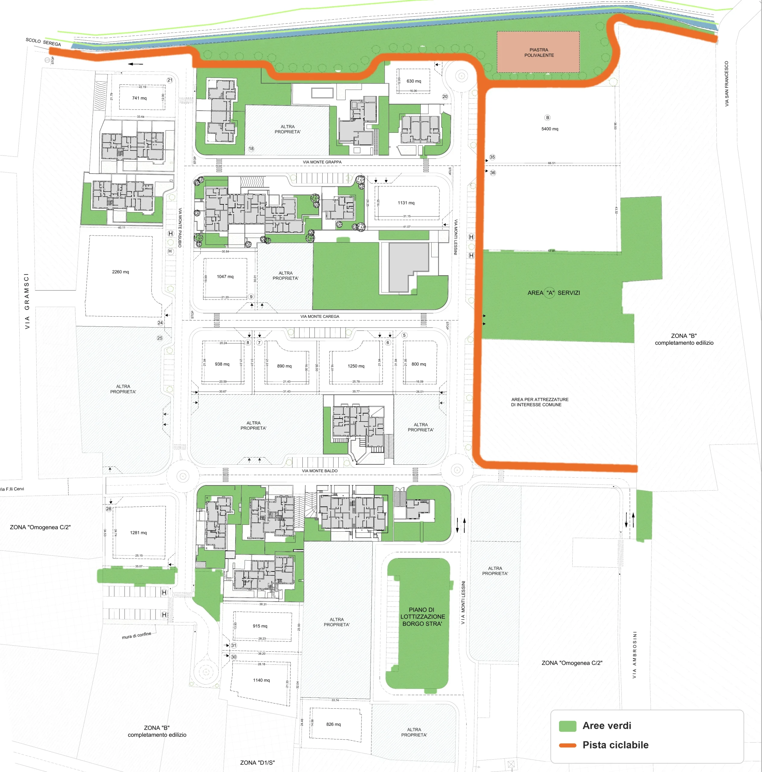 Tavola della lottizzazione, giugno 2026, con il verde e la pista ciclabile in evidenza